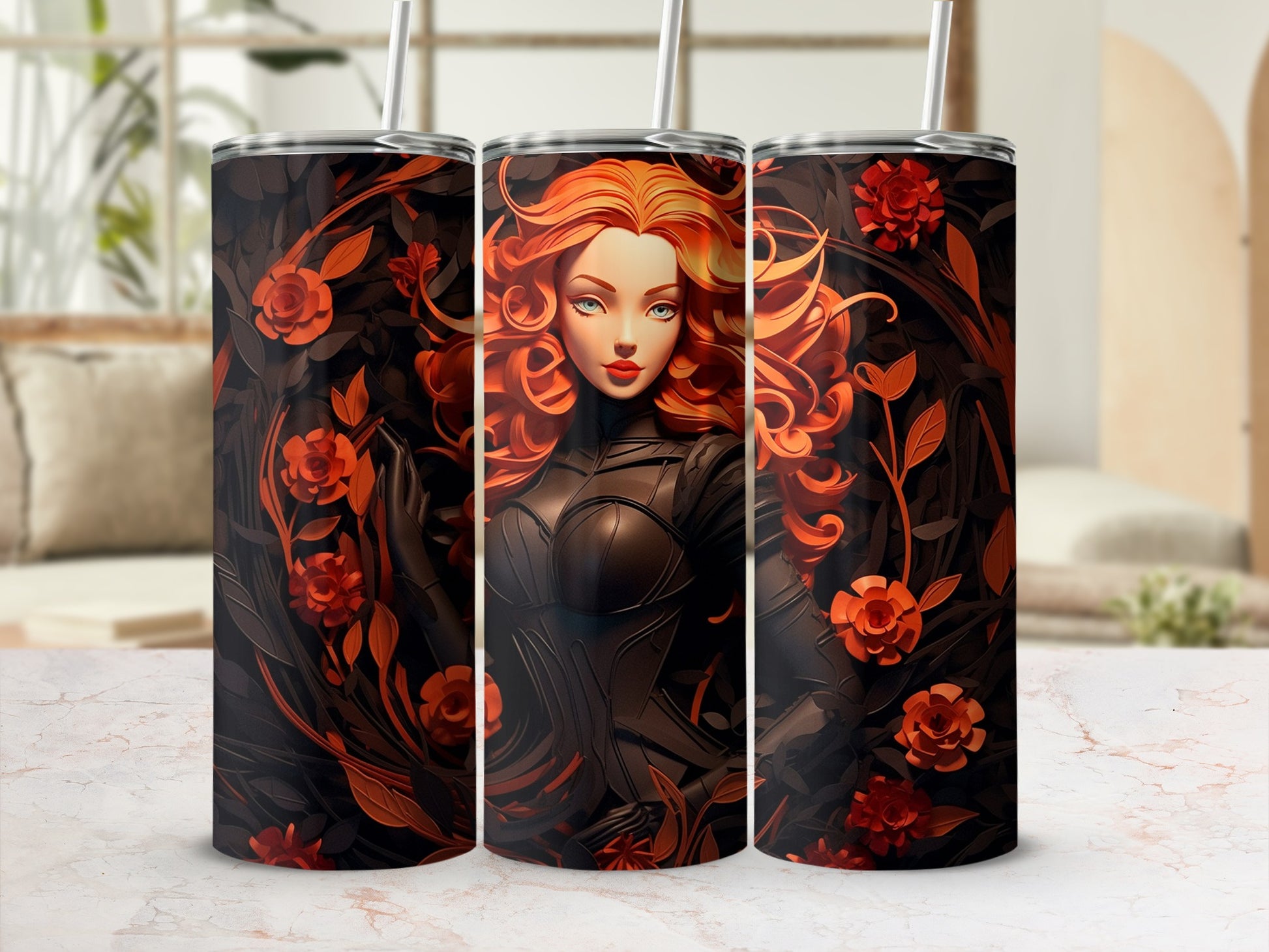 Floral and Red Hair Design Travel Tumbler