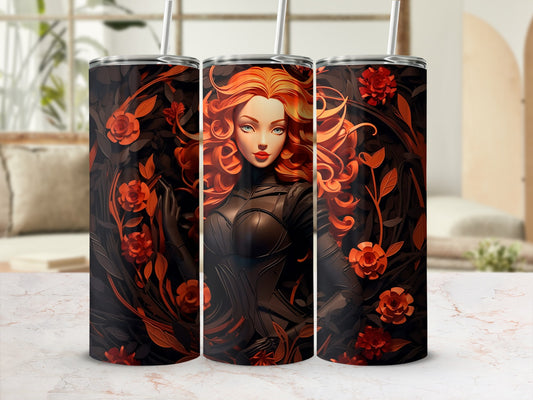 Floral and Red Hair Design Travel Tumbler