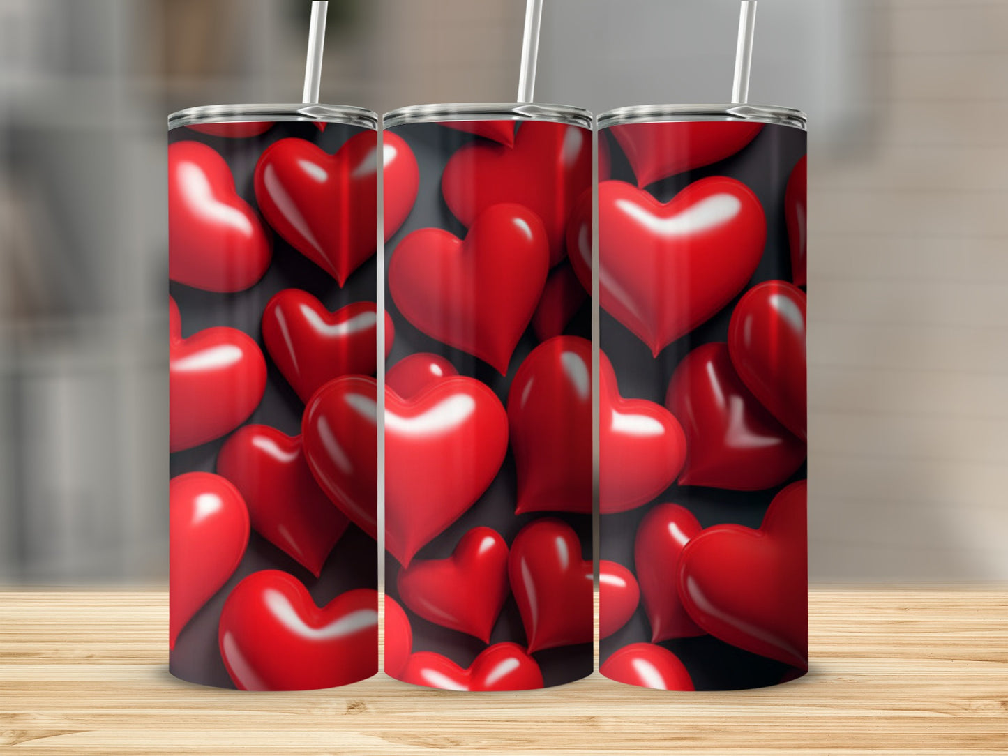 Three tumblers featuring a repeating pattern of glossy red hearts.