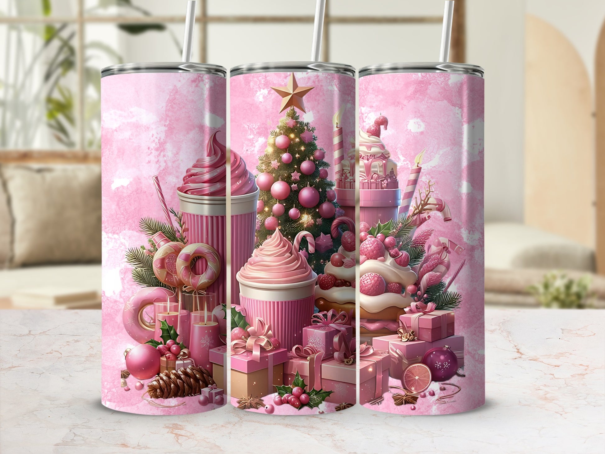 Festive Holiday Christmas Tumbler with Pink Decor Theme