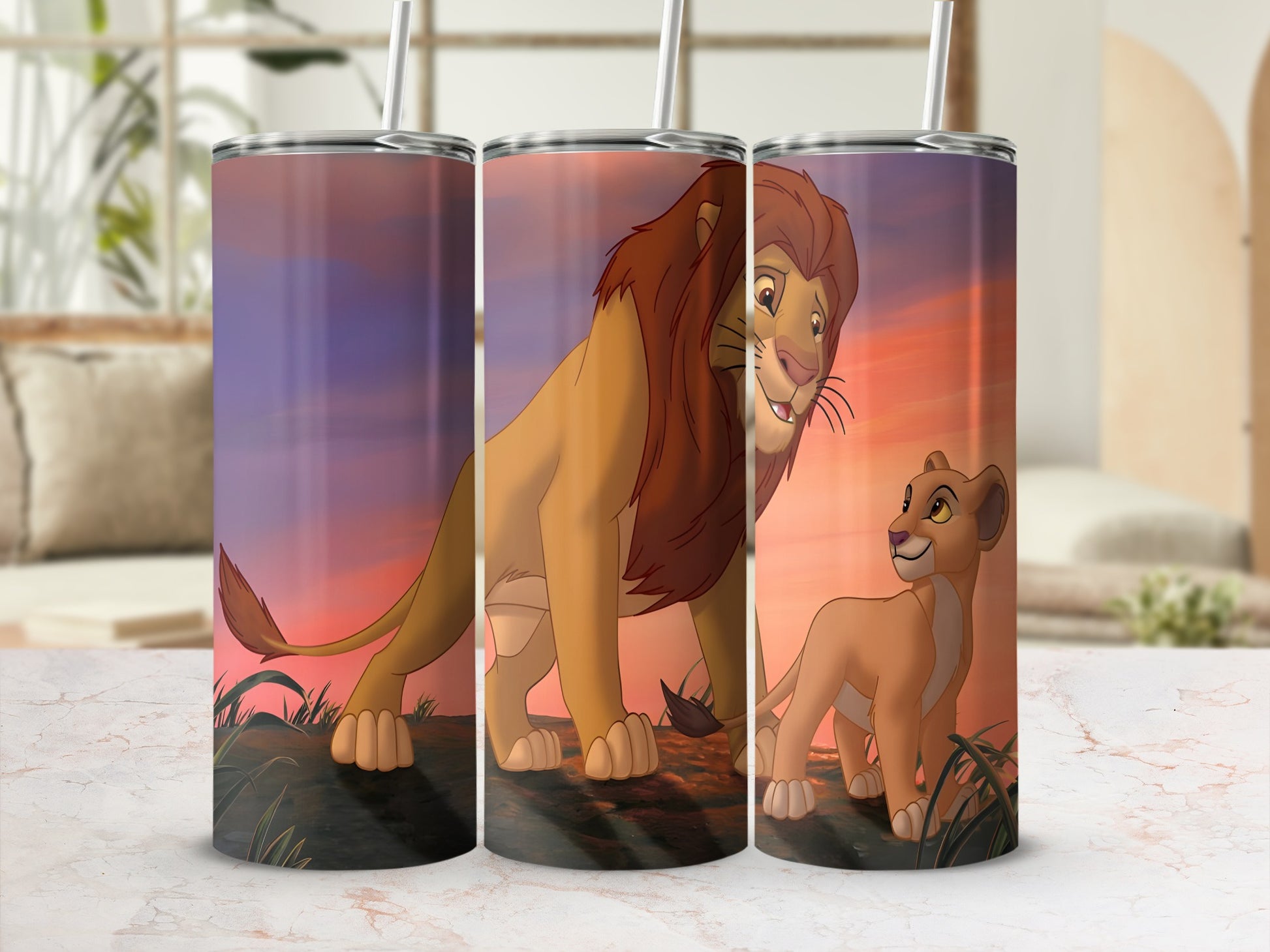 The Lion King characters Simba and Nala stand on a grassy outcrop at sunset.
