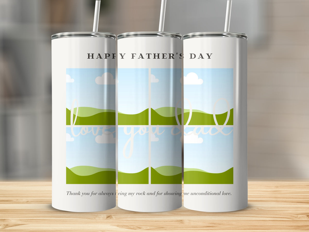 White tumblers with "Happy Father's Day" and "Love you always" designs.