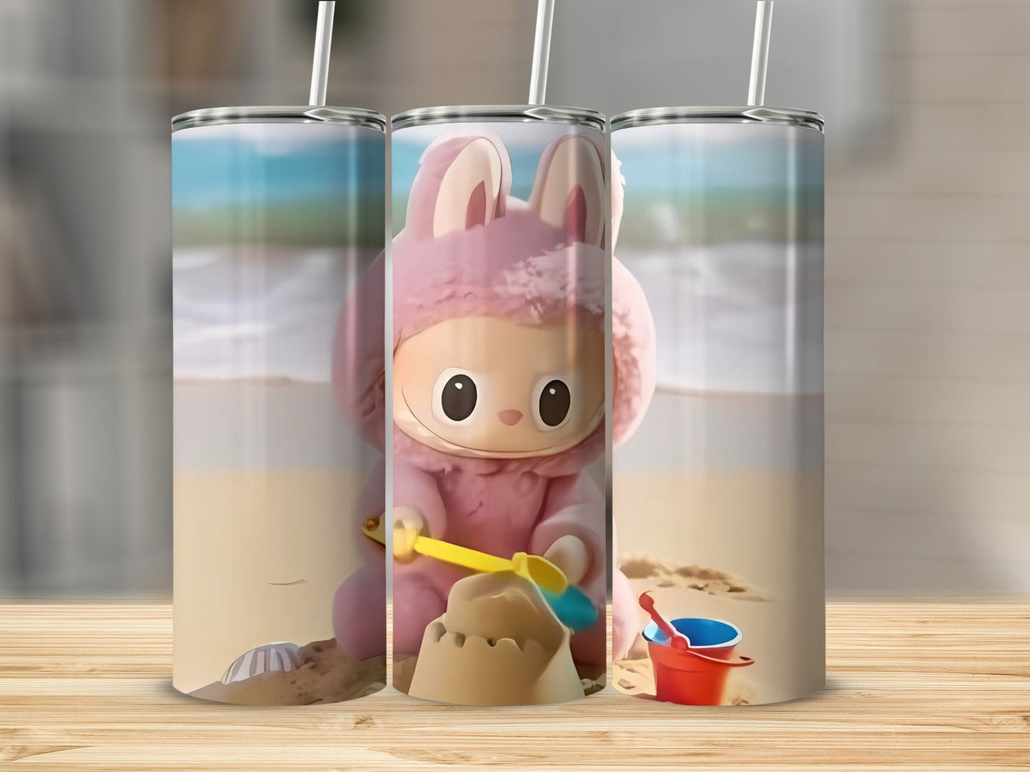 Cute Pink Bunny Character on Beach Sandcastle Tumbler