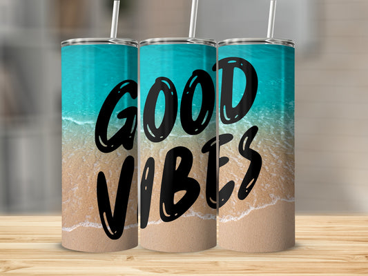 Good Vibes Coastal Beach Scene Tumbler