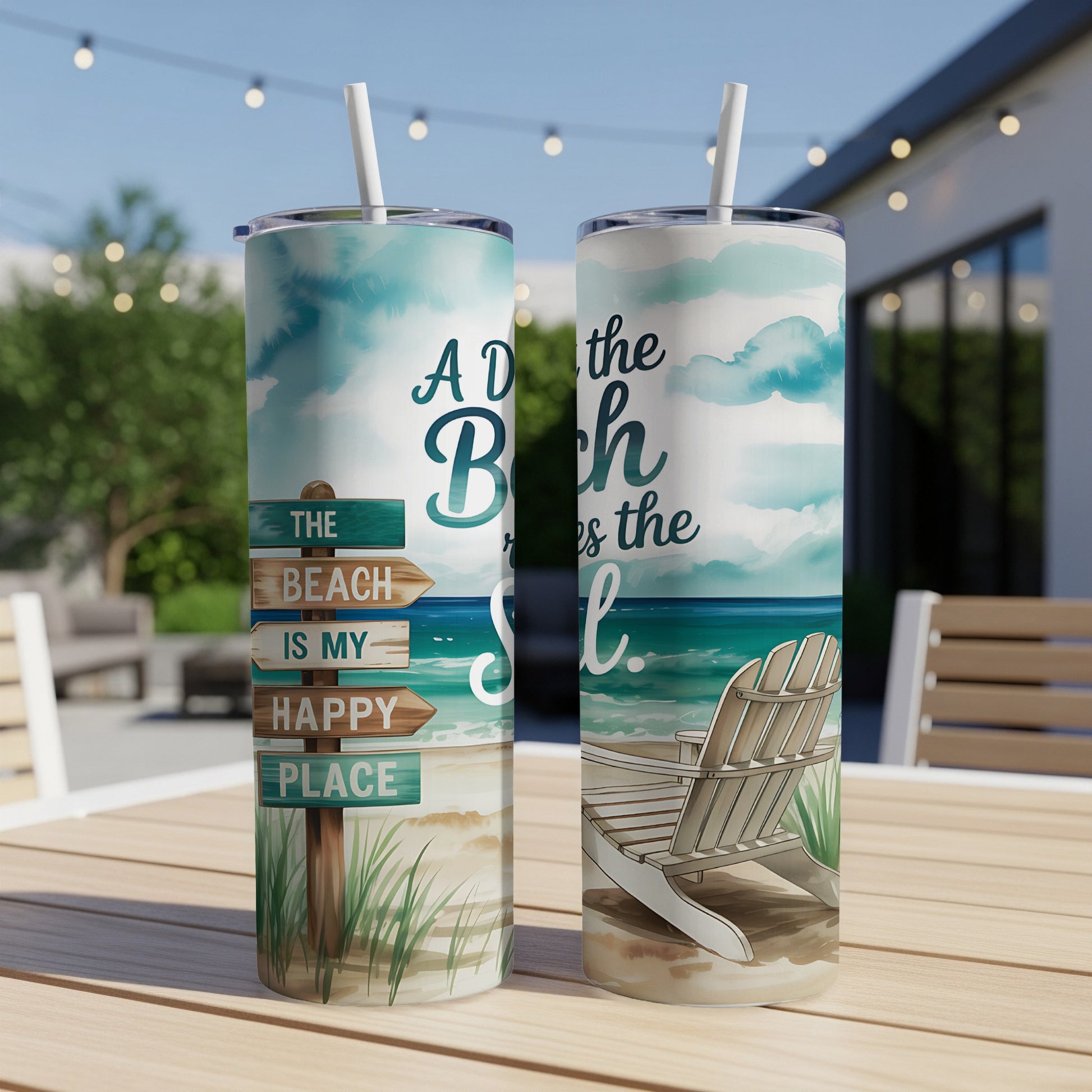 Beach scene with "The Beach Is My Happy Place" text on a tumbler.