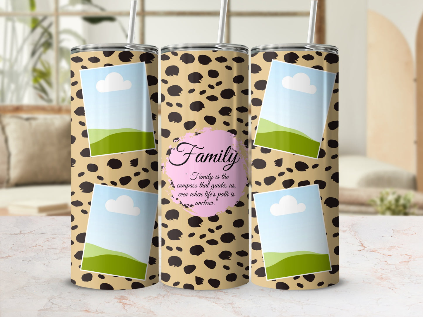 Cheetah print tumblers with photo placeholders and "Family" quote.