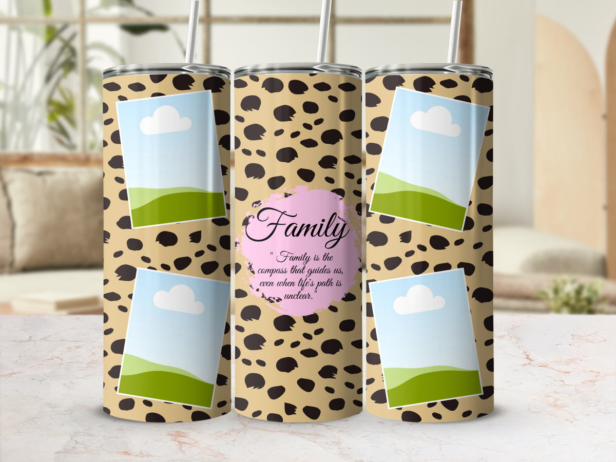 Cheetah print tumblers with photo placeholders and "Family" quote.