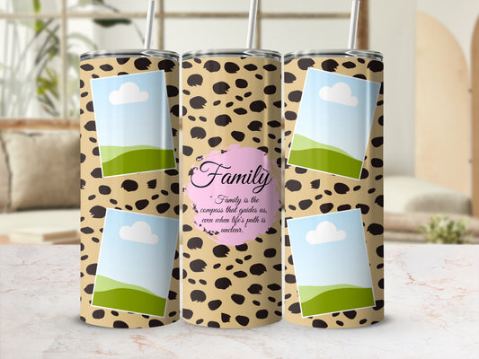 Cheetah print tumblers with photo placeholders and "Family" quote.