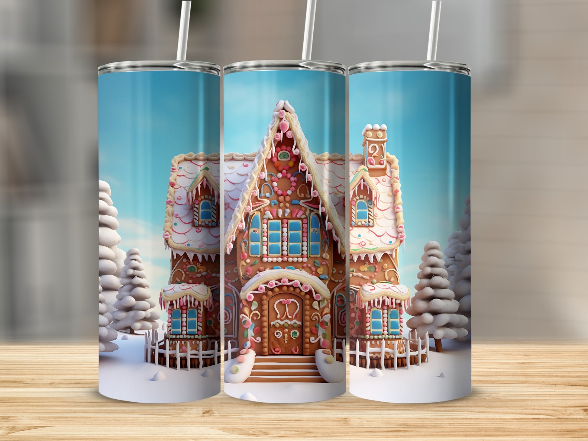 Gingerbread house design on three tumblers with snowy trees and blue sky.