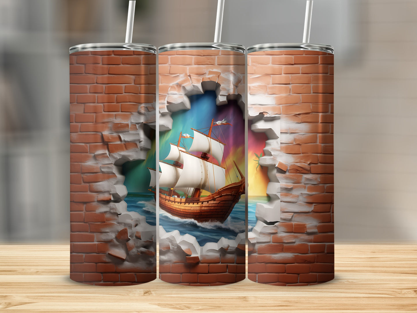 Sailing Ship Breaking Through Brick Wall Tumbler