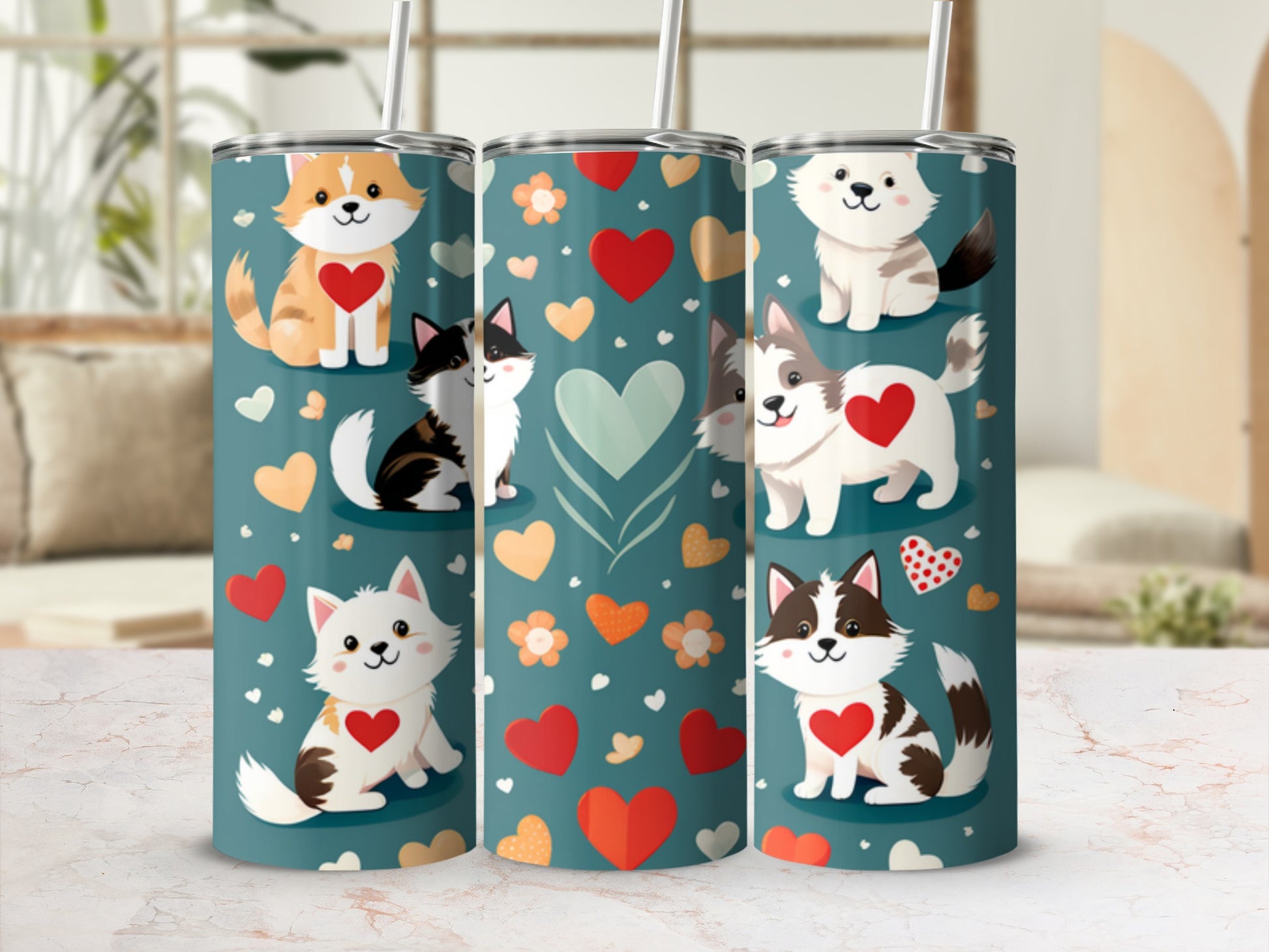 Three tumblers with cute cartoon cats and hearts on a teal background.