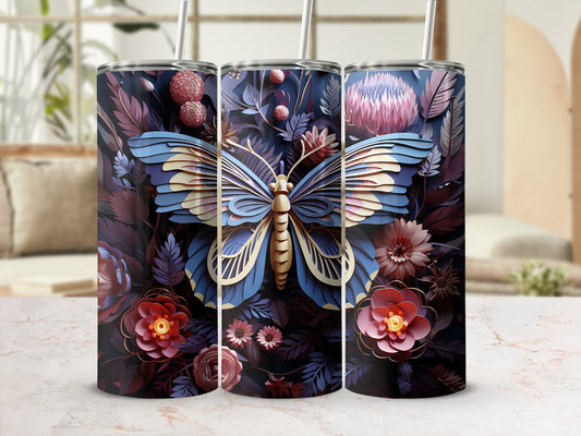Three tall tumblers with a detailed butterfly and floral pattern.