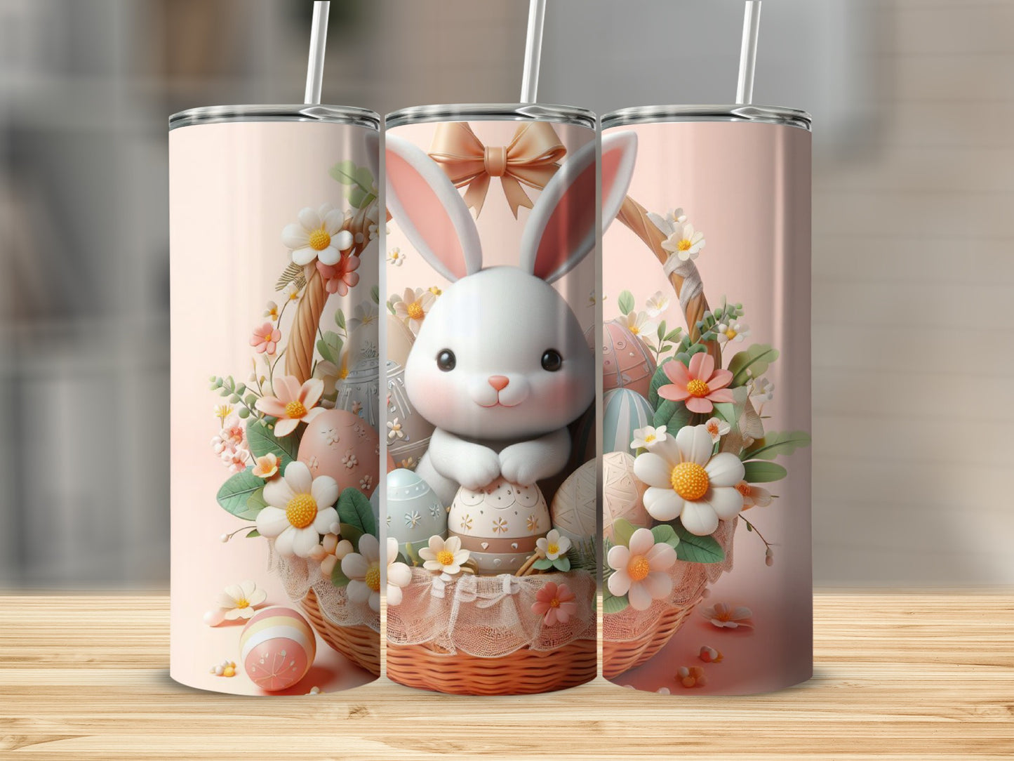 Easter bunny in a basket with eggs and flowers.