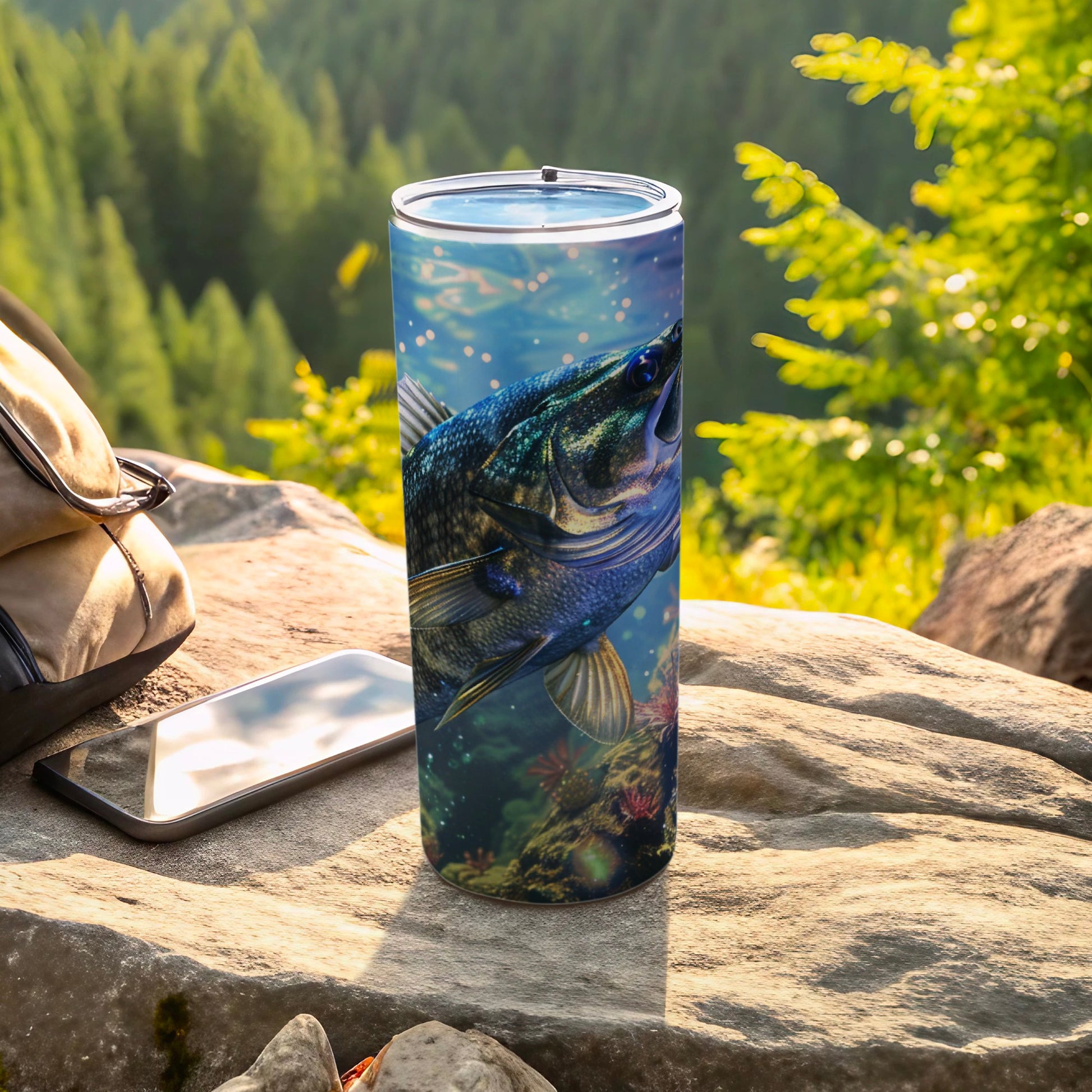Largemouth bass swimming underwater on a thermal tumbler.