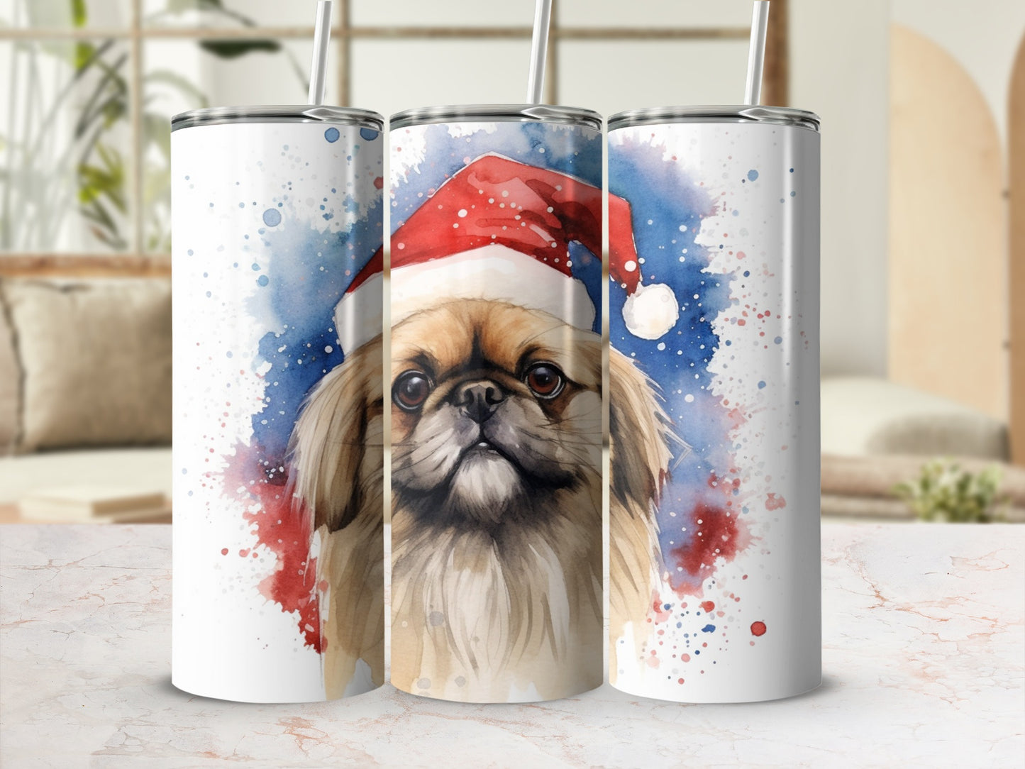 Pekingese dog wearing a Santa hat, watercolor splash background.