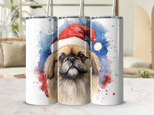 Pekingese dog wearing a Santa hat, watercolor splash background.