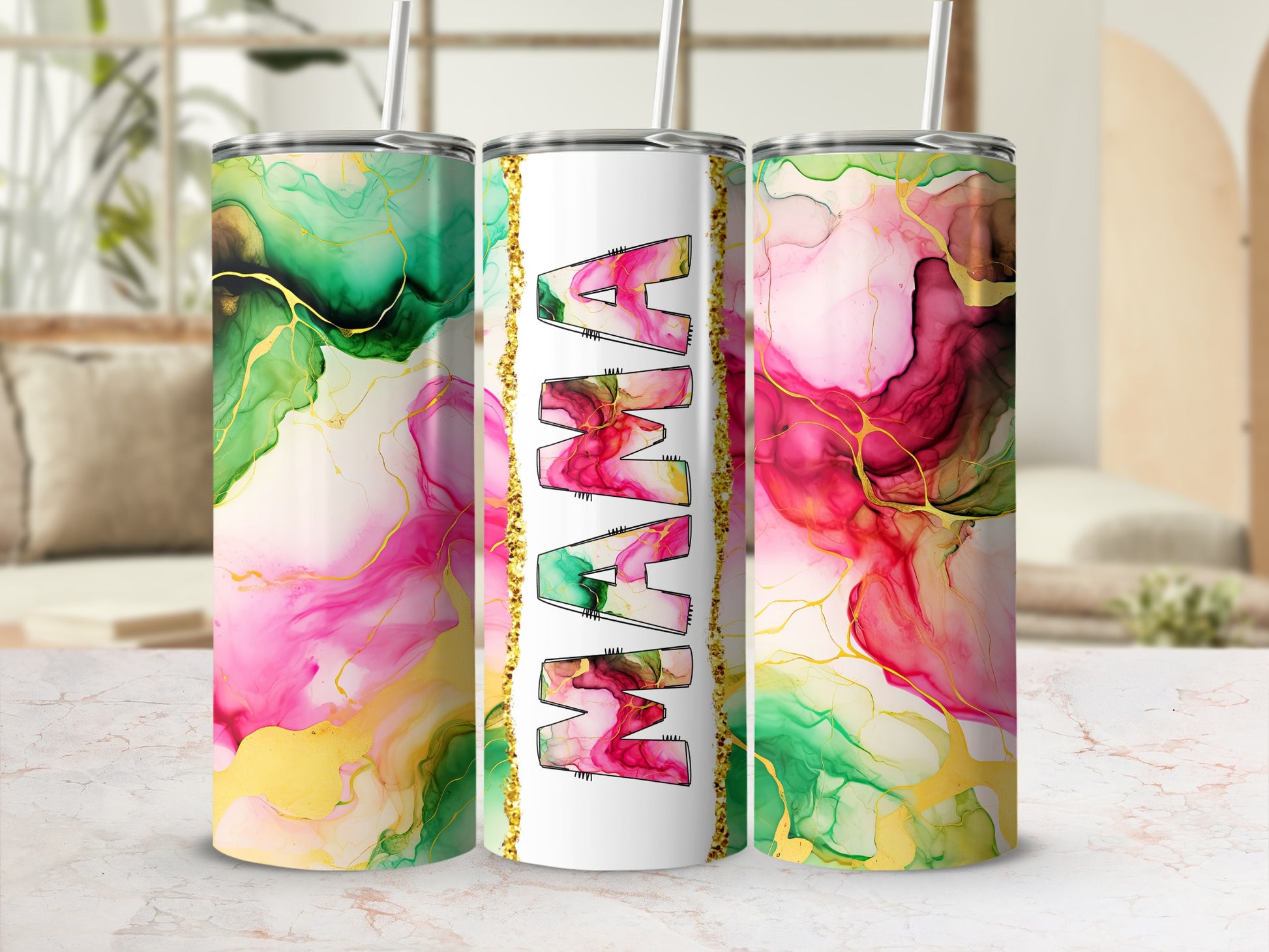 Tumblers with "Mama" text in watercolor marble design.