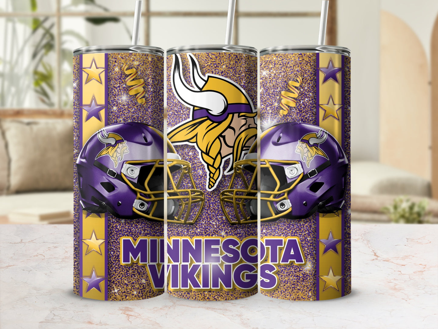 Minnesota Vikings Helmets with Gold Stars Pattern Tumblers