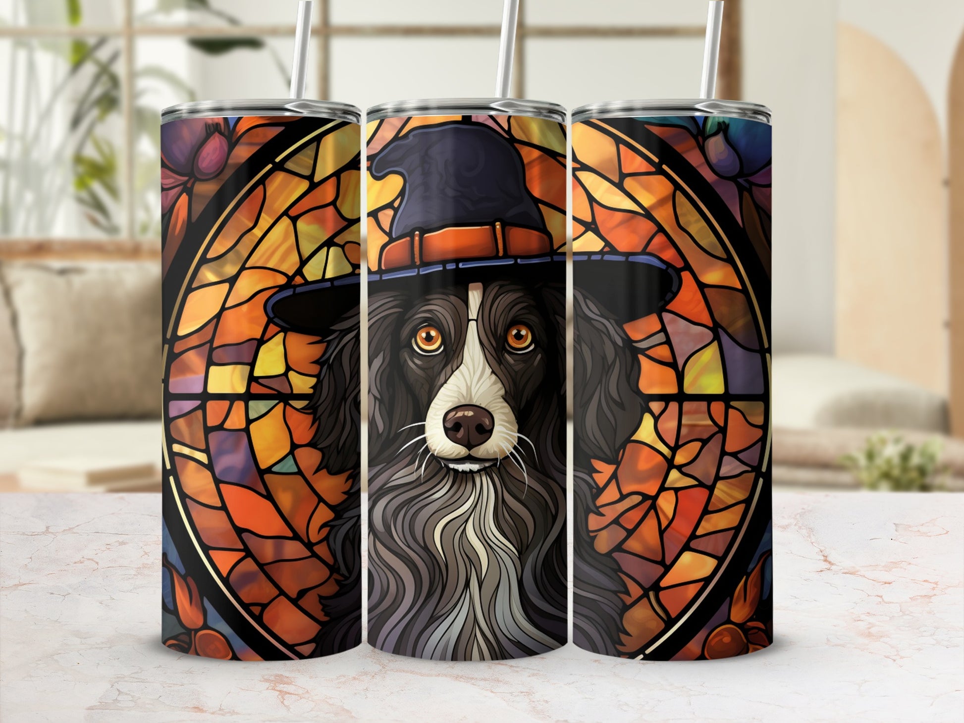 Border Collie in witch hat against stained glass background.