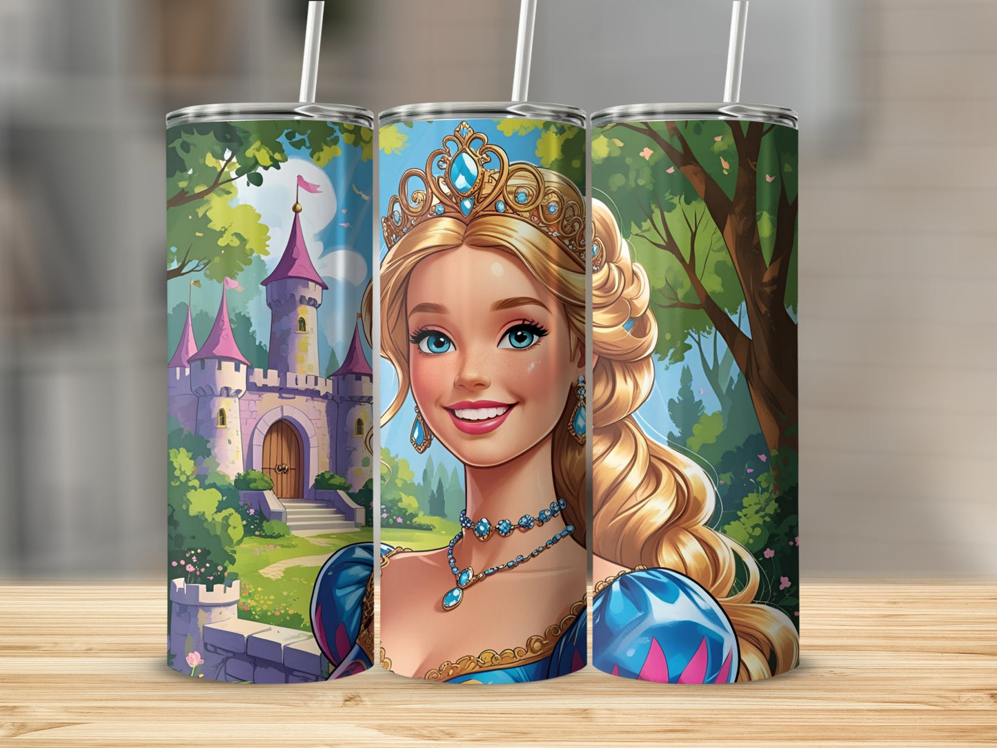 Princess with blonde hair and crown, wearing blue dress, with castle background.