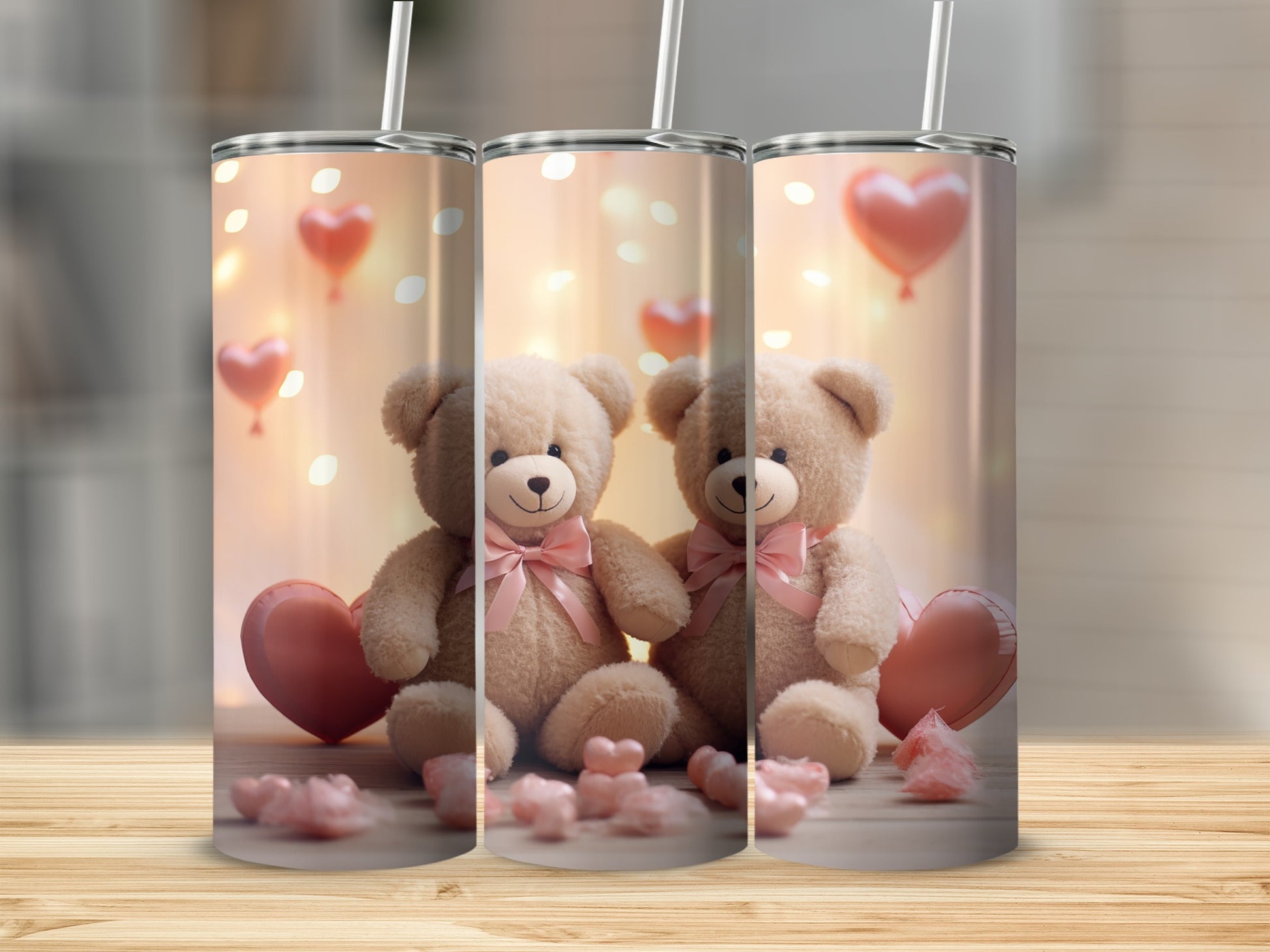 Cute Teddy Bears with Heart Balloons Design Tumbler