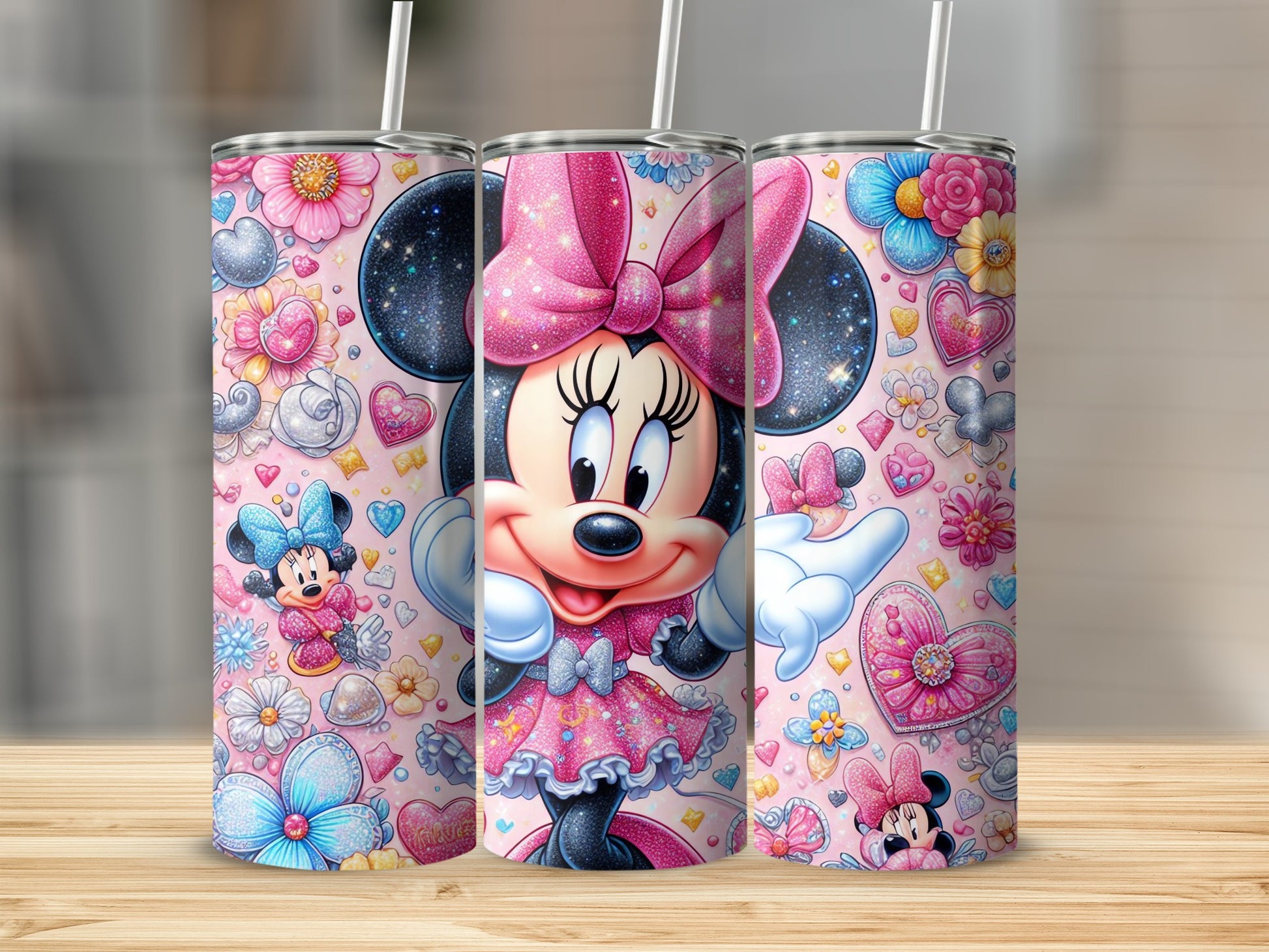Adorable Minnie Mouse Tumblers with Hearts and Flowers