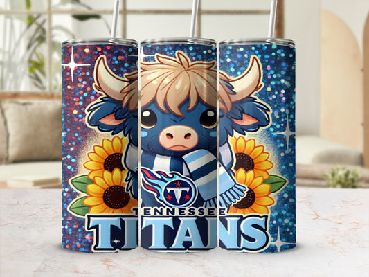 Tennessee Titans fuzzy cow with sunflowers on a glittery background.
