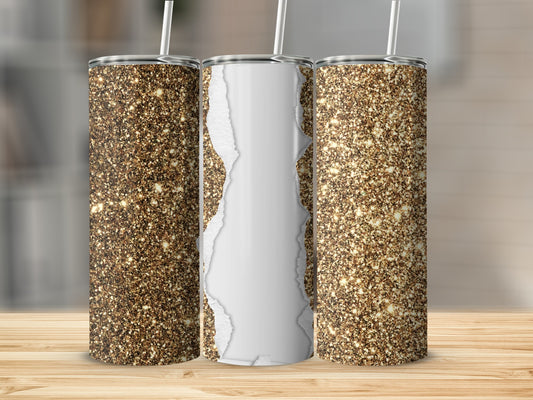Three glittery tumblers with a torn paper effect on the middle one.