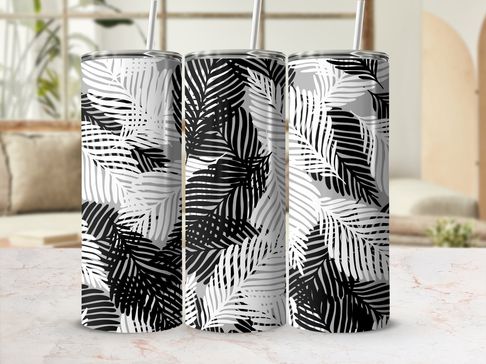 Black and White Palm Leaf Patterned Tumbler