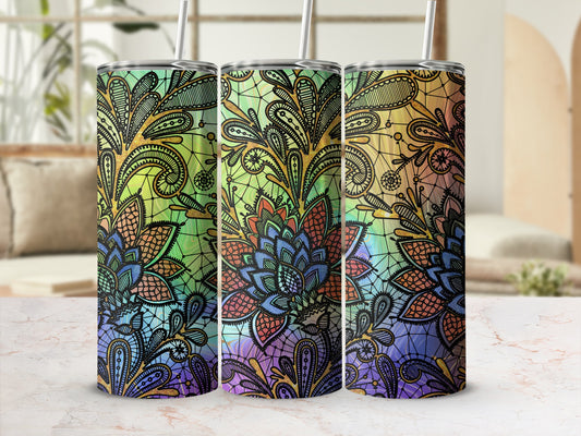 Three tumblers with a colorful floral lace pattern.