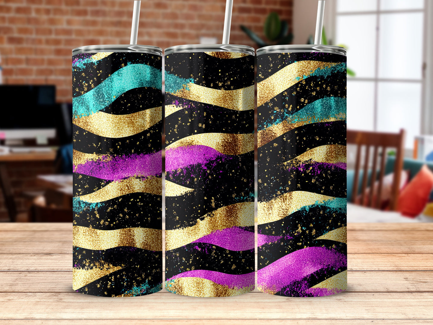 Glitter and Colorful Wave Design Tumbler Set