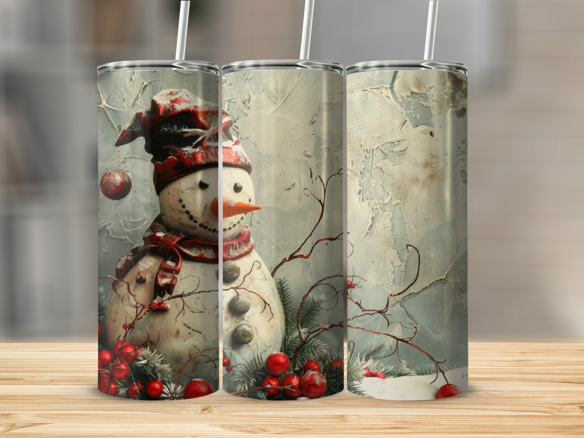 Snowman with red scarf and hat on textured background, surrounded by berries.