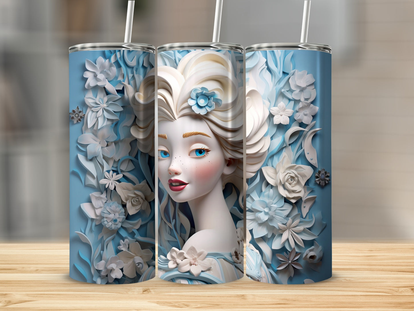 Elegant Blue Floral Princess Tumbler with Straw