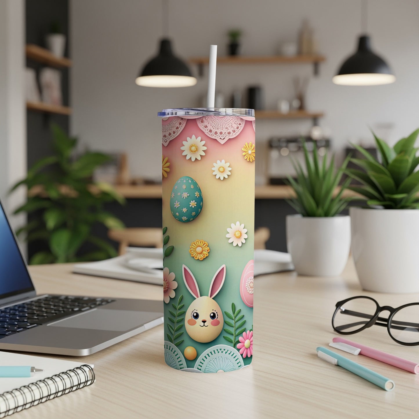 Easter tumbler with bunny, egg, flowers, and lace pattern on pastel gradient.