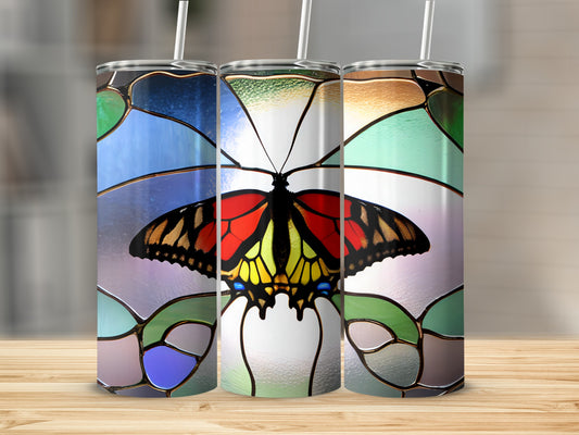 Butterfly stained glass pattern on a tumbler.