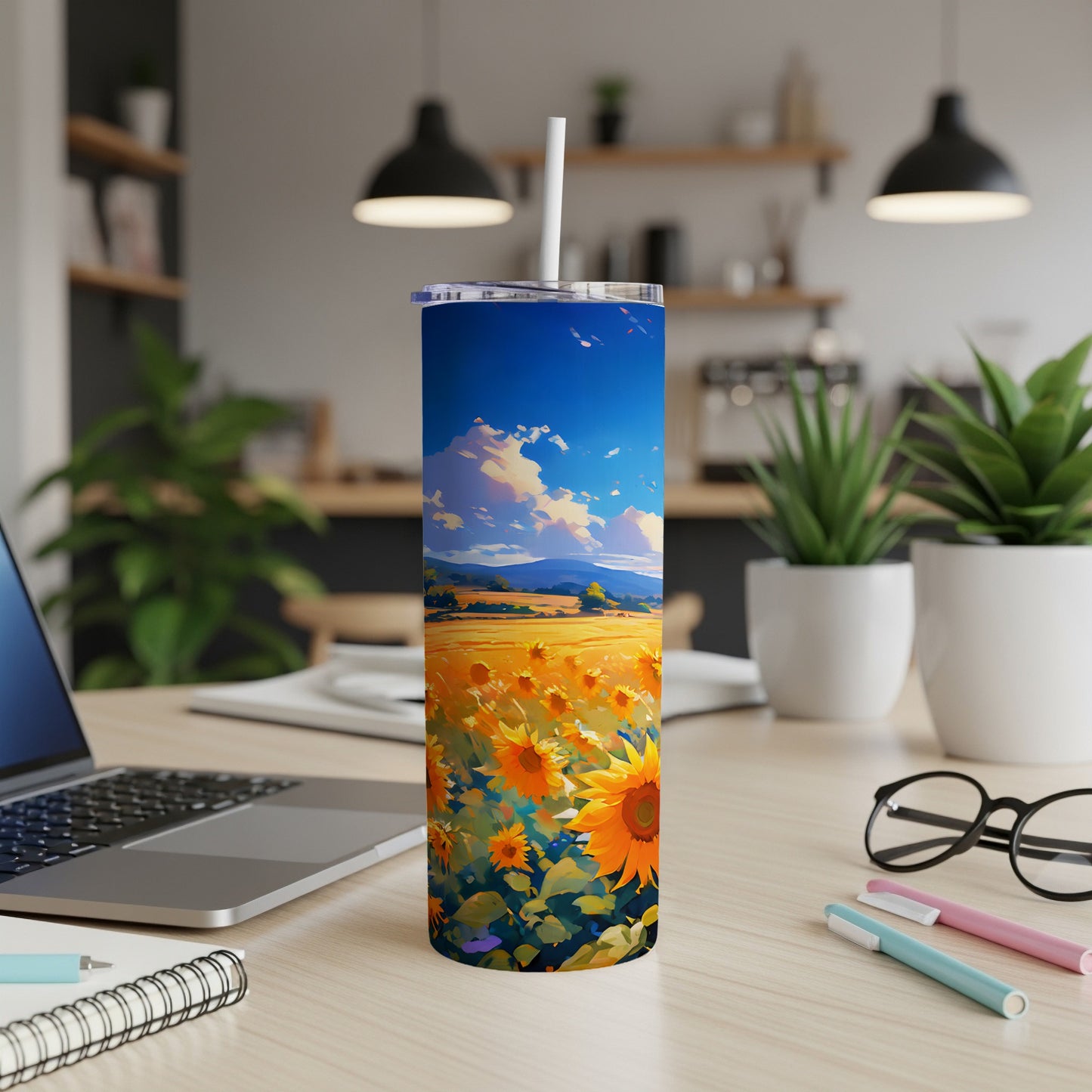 Tall tumbler with a sunflower field landscape design.