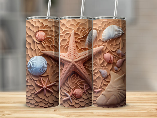 Three tumblers with starfish, shells, and sand texture.