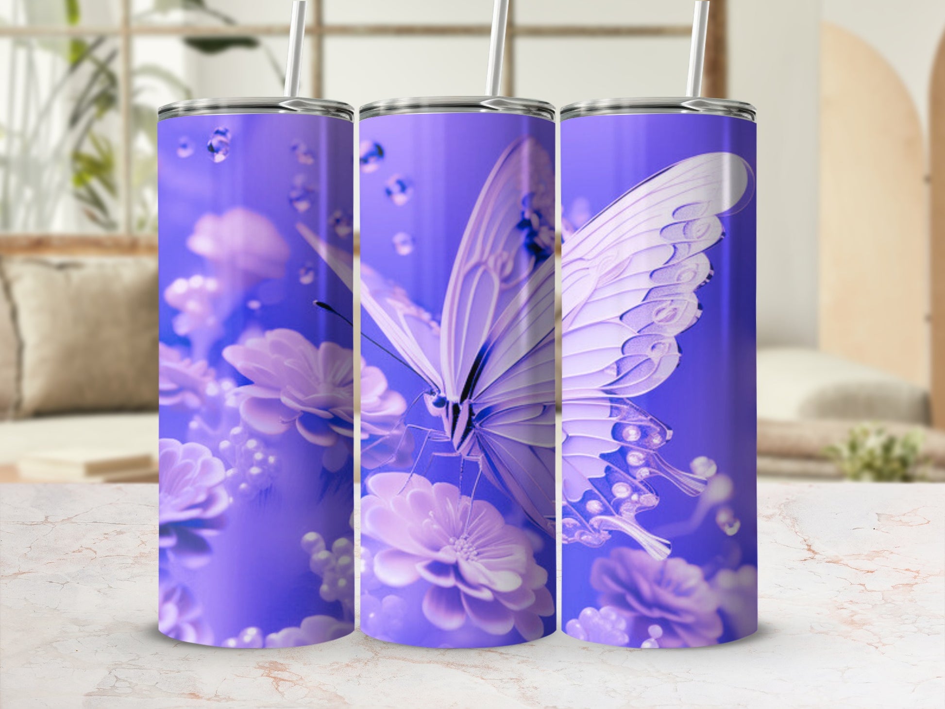 Purple tumbler with butterfly and floral design, 3 views.