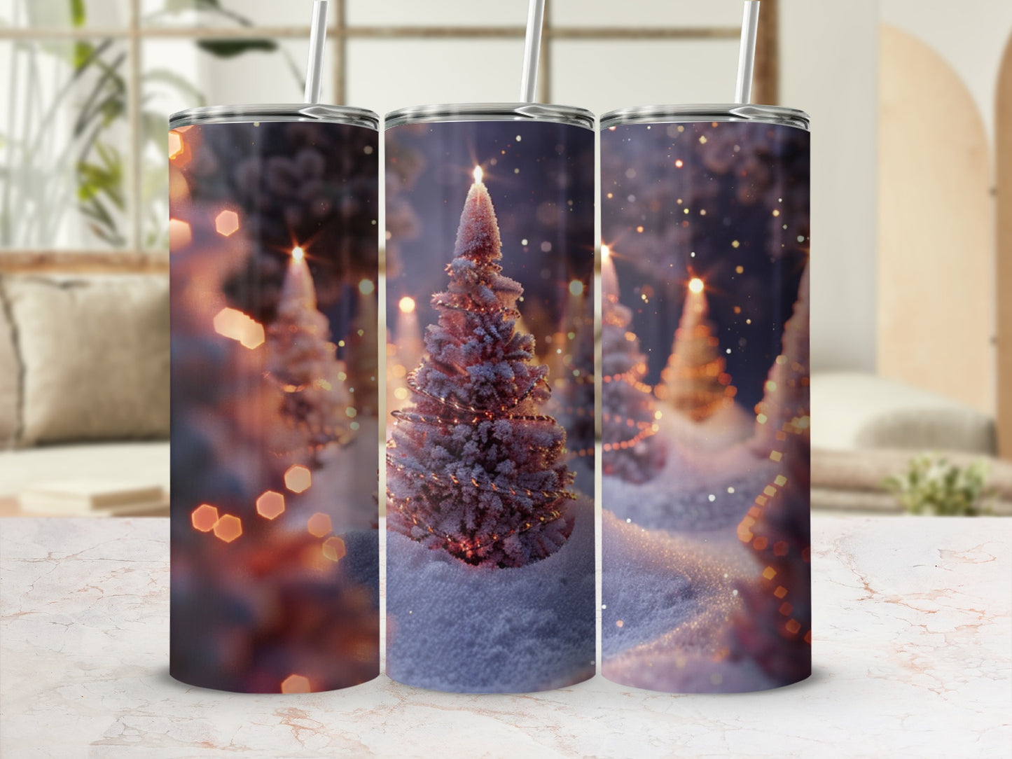 Three snow-covered Christmas trees with warm lights against a blurred background.