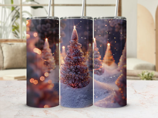 Three snow-covered Christmas trees with warm lights against a blurred background.