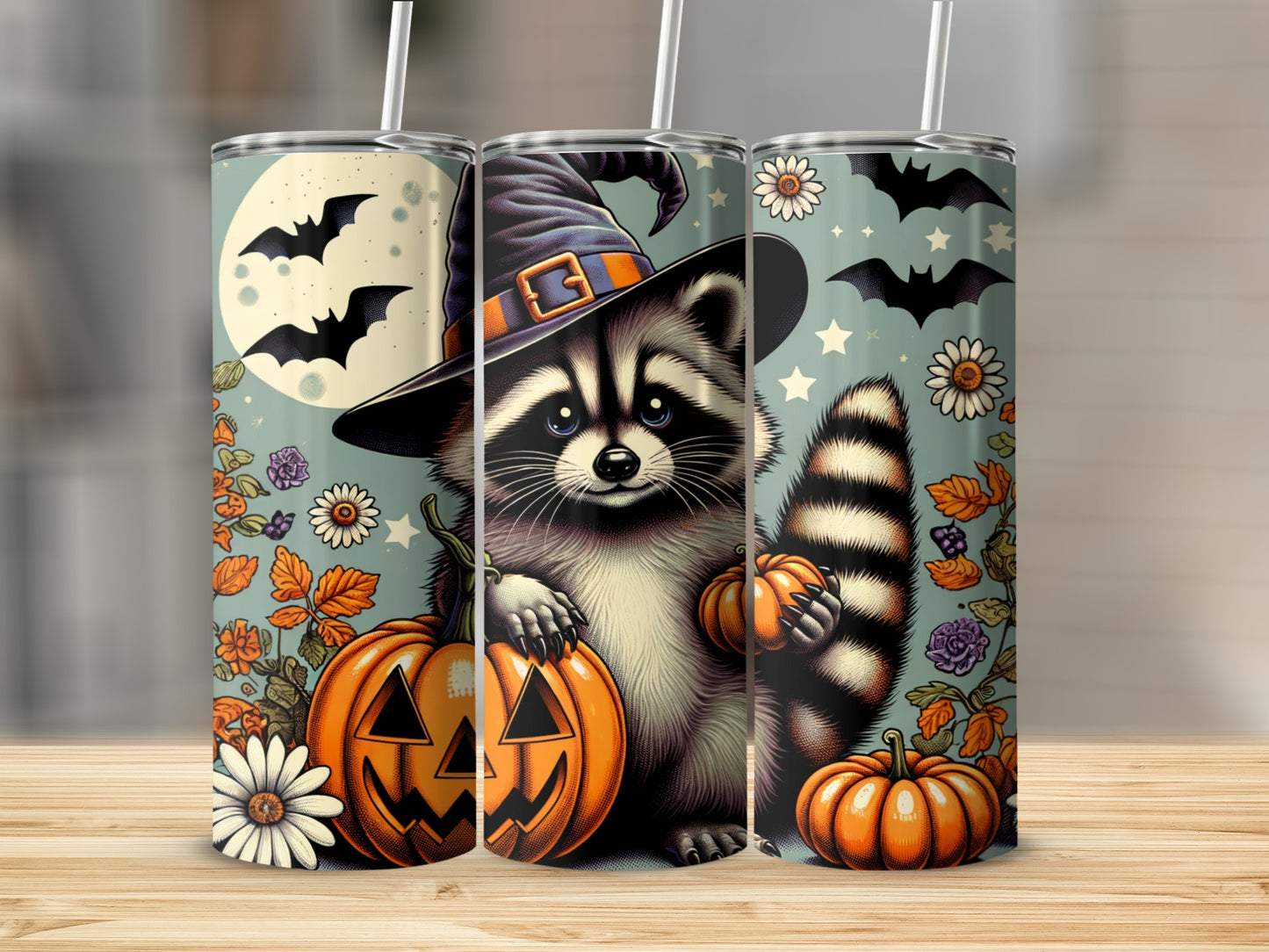 Raccoon in witch hat with pumpkins, bats, and moon on Halloween-themed tumblers.