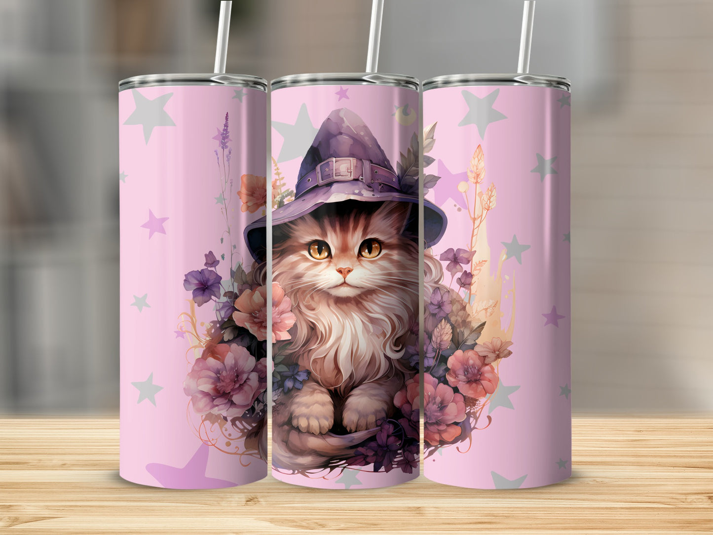Cute Kitten in Witch Hat Floral Star Design Tumbler