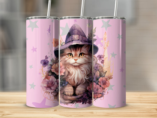 Cute Kitten in Witch Hat Floral Star Design Tumbler