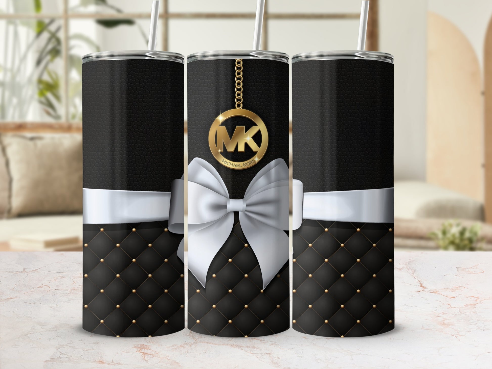 Elegant Quilted Black Tumbler with White Bow Design