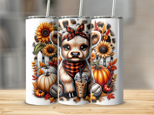Tired cub wearing plaid bandana, surrounded by pumpkins, sunflowers, and fall leaves.