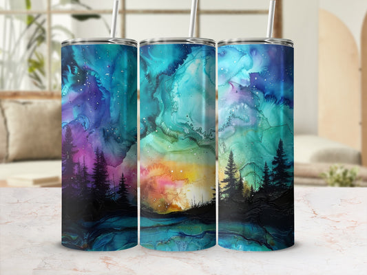 Three tumblers with a galaxy and forest silhouette design.