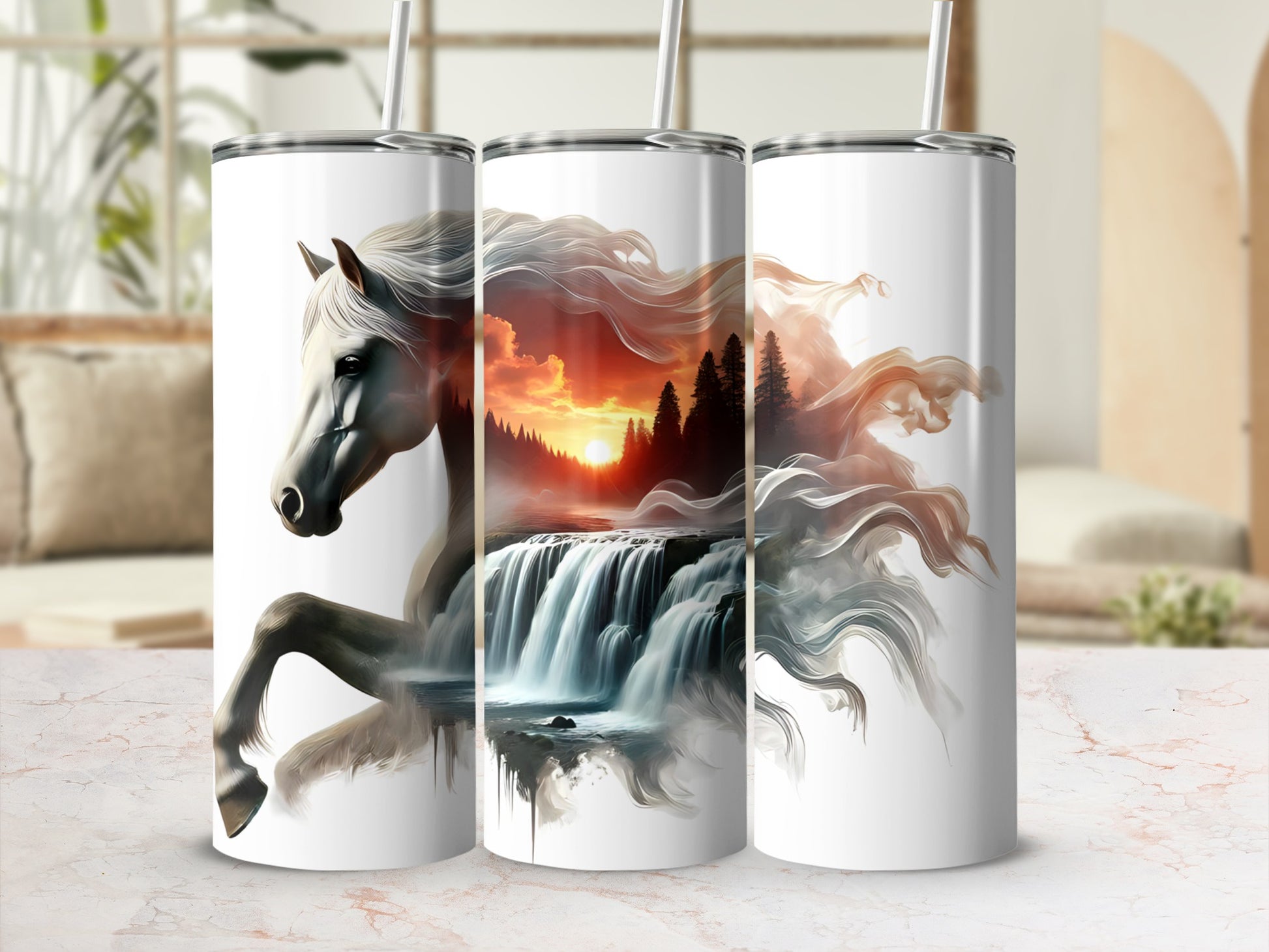 White horse with a waterfall and sunset landscape design on three tumblers.
