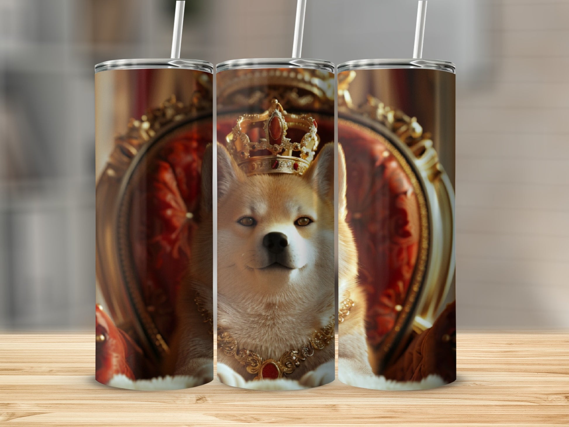 Akita dog wearing a crown and necklace sits on a throne.