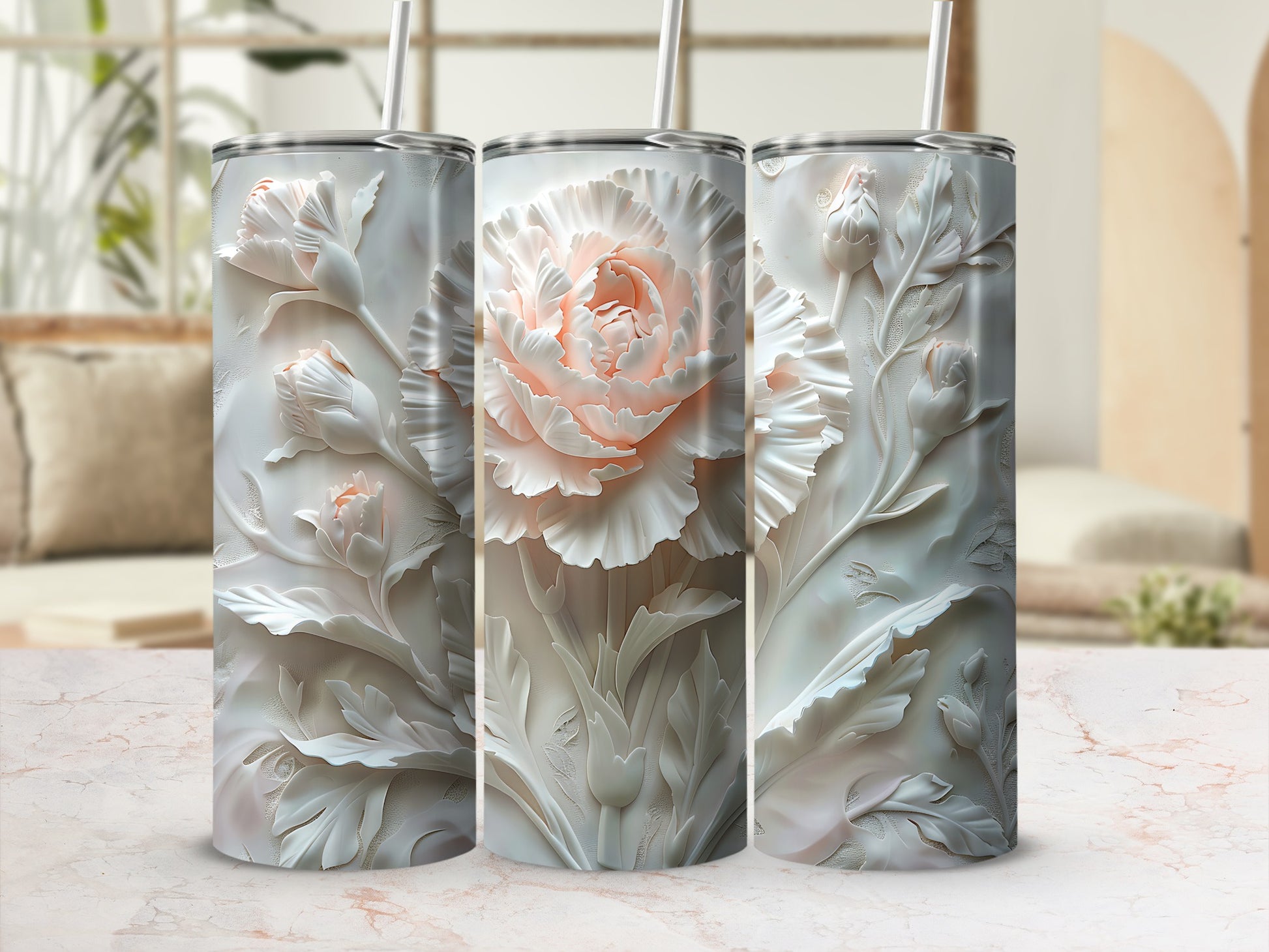Three tumblers with raised floral relief designs, featuring a large pale pink rose.