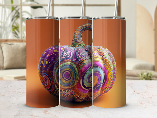Tumbler with a vibrant, ornate pumpkin design.